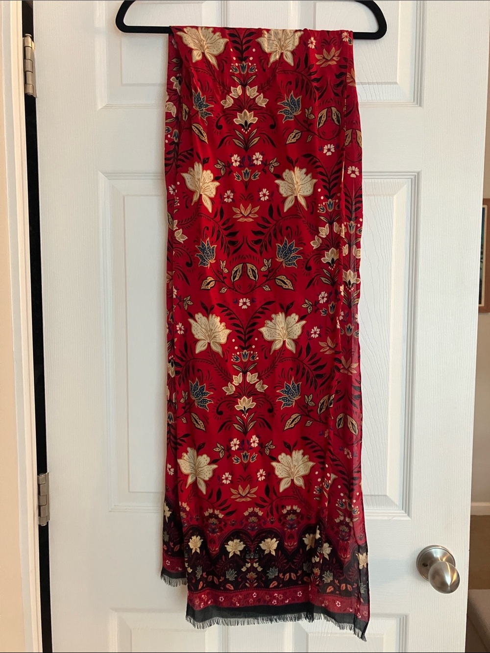 LOFT Red Floral Lightweight Wrap Scarf with Cream and Black Accents